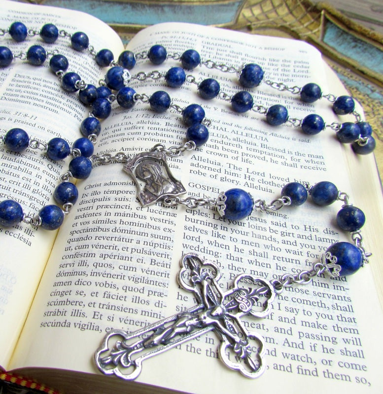 Heirloom Rosary, Sterling Silver and Lapis Lazuli Gemstones