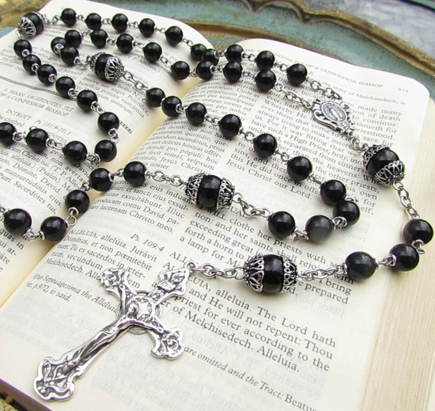 Sterling Silver and Large 8mm Onyx Gemstone Rosary